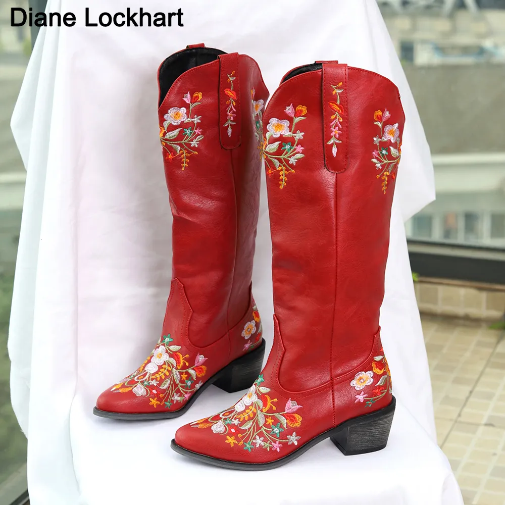 Boots Vintage Shaped Flowers Embroidery Bootes Women Western Cowgirls Cowboy Boots Casual Work Riding Chunky Heel Boot Ladies 230812