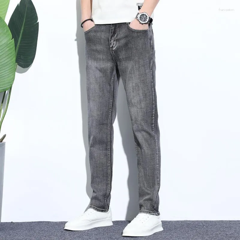 Męskie dżinsy Summer mleczarskie noś mężczyzn dżins elastyczne slim fit spodnie szare proste spodnie nogi sprężynowe ubranie dżinsowe