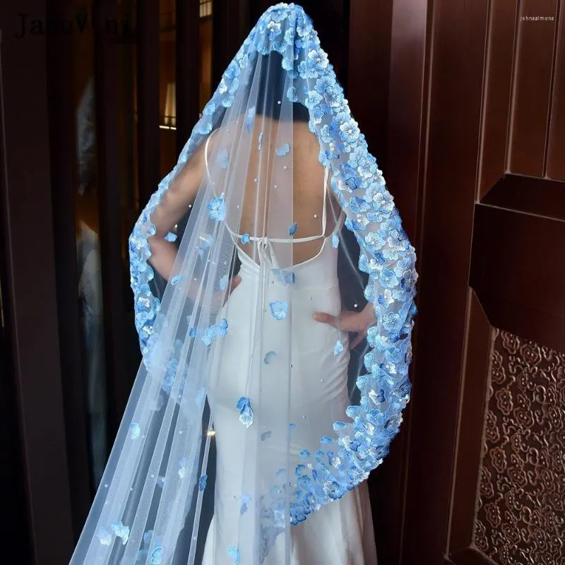 Bridal Veil: JaneVini Luxury Light Blue Lace Flower Edge 1 