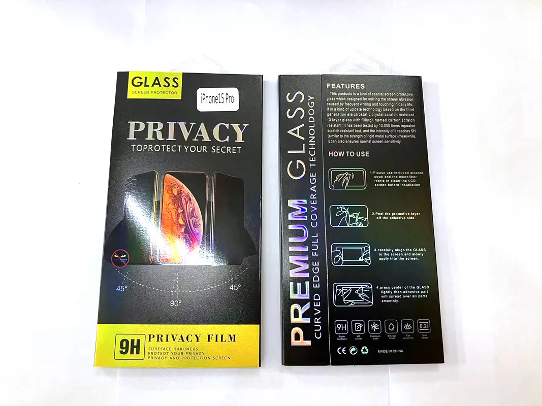 I15 Sekretess 9h härdade glasskydd för iPhone 15 Plus 15 Pro Max 5 Anti Anti Peeping mot Anti-Spy Silk Full Cover Screen Protective Phone Film detaljhandelspaket