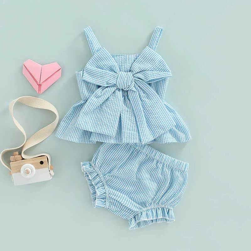 Kläderuppsättningar 2022-03-25 0-18m Nyfödd baby flicka 2st Sweet Clothing Set randig tryck Big Bow Psmelled Vest Dress Top Shorts