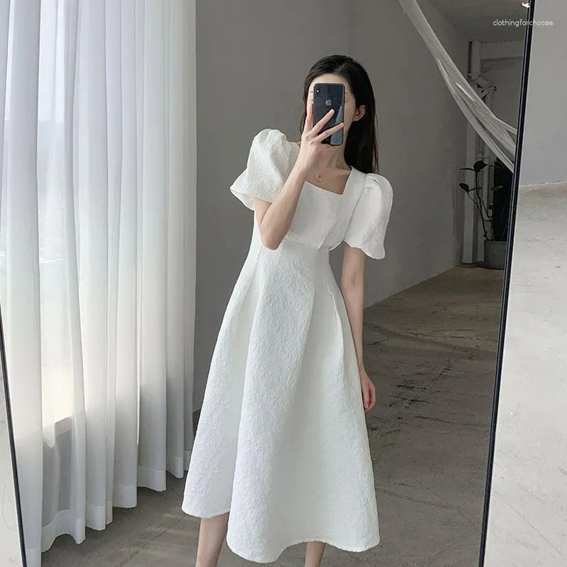 Casual Dresses Vintage Elegant Midi Dress for Women 2023 Summer Pecked Square Collar Female Ball Gown Puff Sude A- Line
