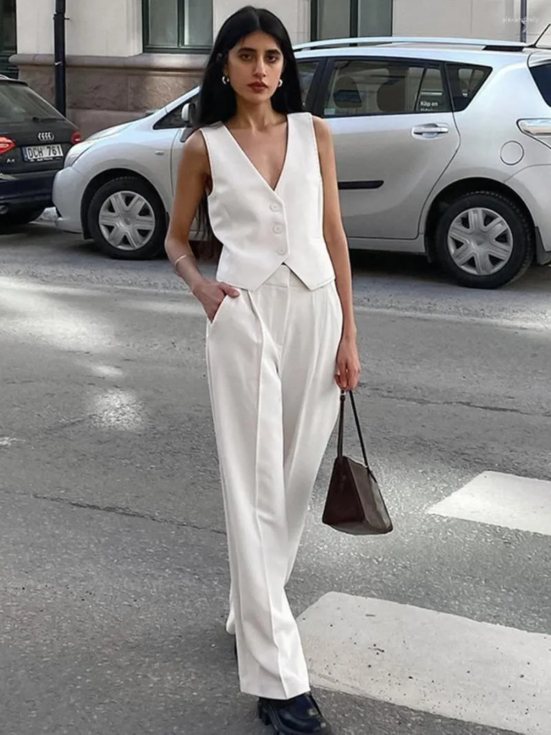 Women's Two Piece Pants Elegant Fashion White 2 Sets Women V Neck Button Tank Tops With Straight Pant Suits Simple Casual Office Lady