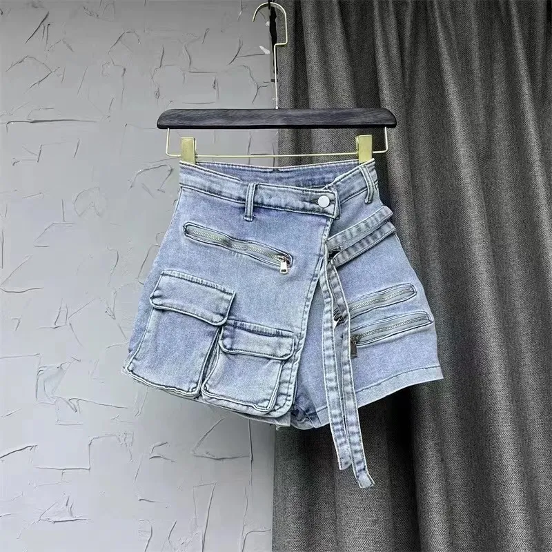 Dames shorts SOEFDIOO Solid Cargo Pocket Denim jeans shorts vrouwen sexy hoge taille stretch zomer casual vrouwelijke bodems korte broek 230814