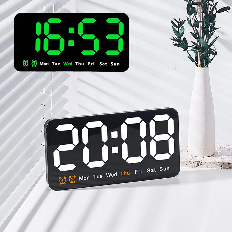 Wall Clocks Electronic Wall Clock Temperature Date Table Clock Wall-mounted Dual Alarms Digital LED Clocks for Home Bedroom Voice Control 230814