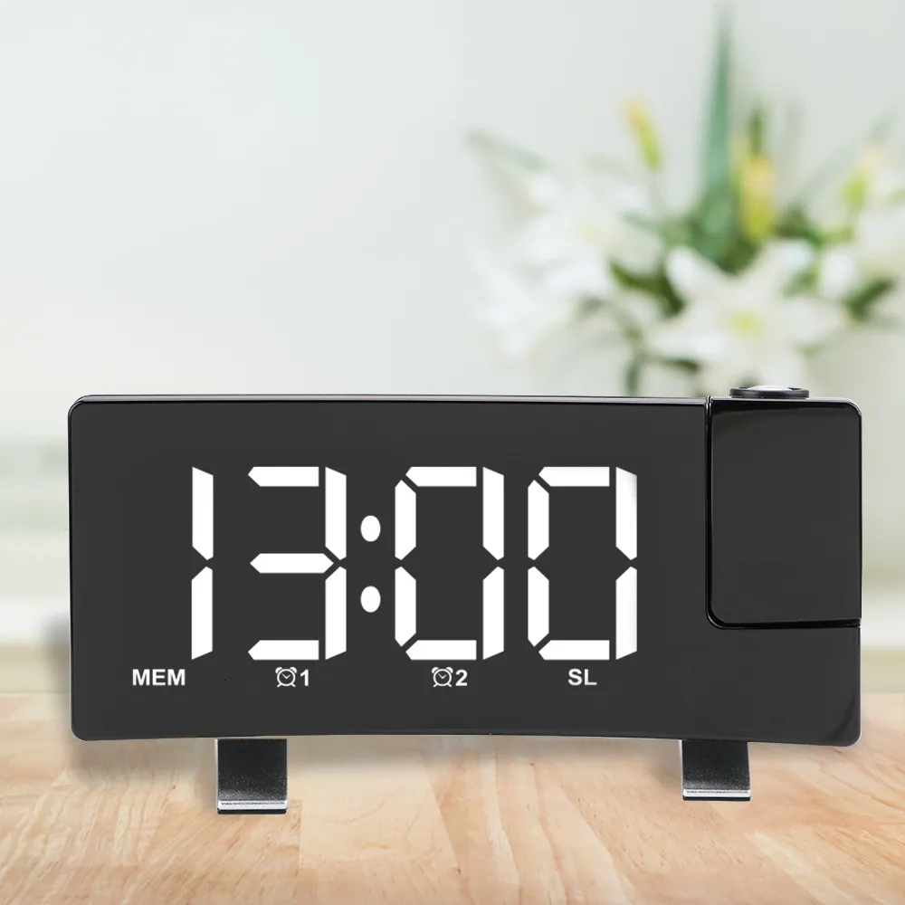 Schreibtischtischuhren digitale LED -Uhr FM Radio USB Projection Backlight Snooze Wecker Timer rotierende Hintergrundbeleuchtung Projektor 230814