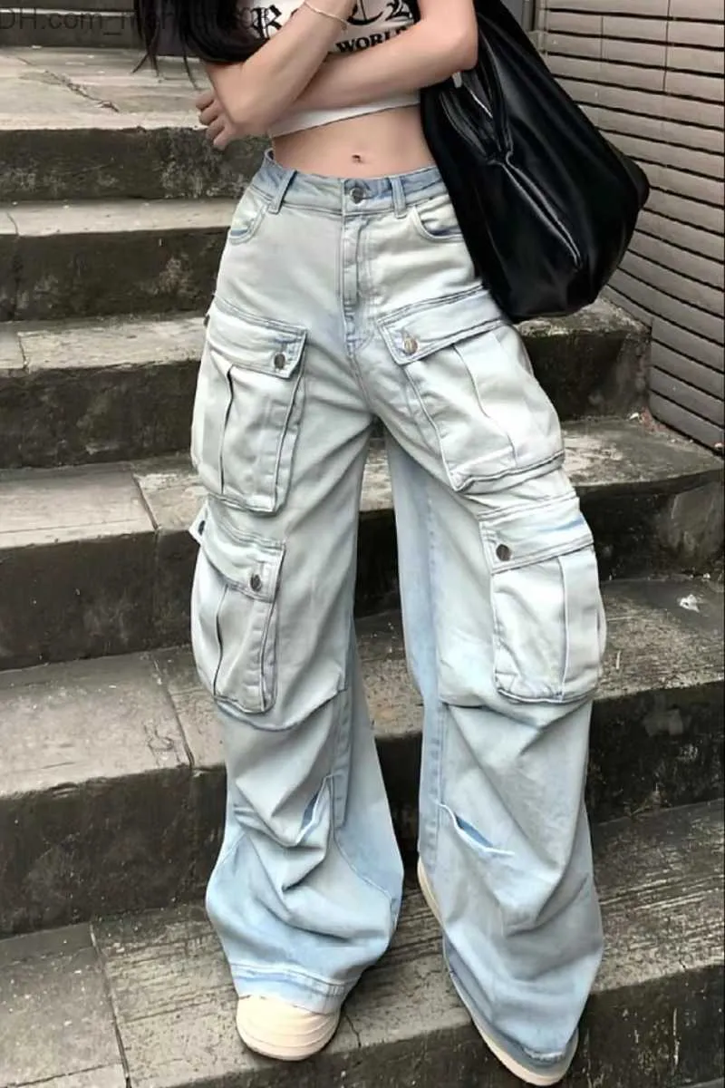 Herenbroeken Nieuwe Y2K American Wide Leg Pants met meerdere pocket Tools High Tailed Jeans Dames Hip-Hop Gothic Clown Street Clothing Z230815