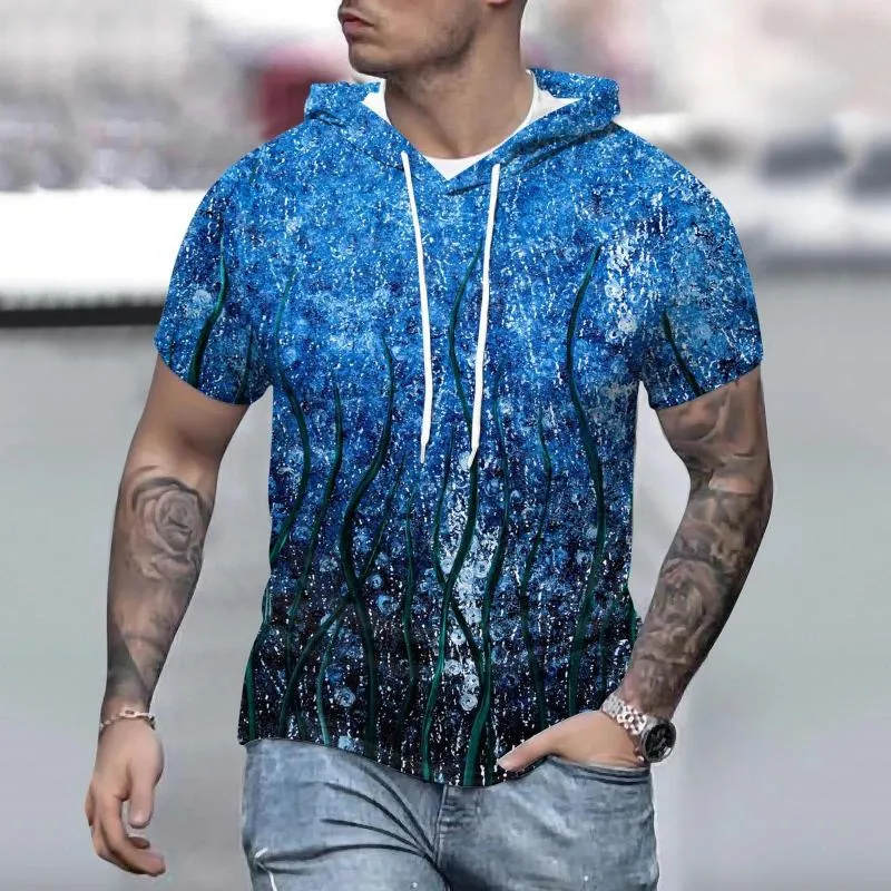 Męskie bluzy ocean 3D View Drukuj Men krótki rękawa streetwearu z kapturem słodkie koszulki Top elegancki moda sznurka pullover jesienna ponadgabariacie