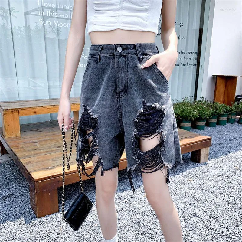 Jeans pour femmes femmes courte été été en liberté trous déchirés streetwear hauteur taille cinq points pantalon décontracté vintage baggy droit denim U147