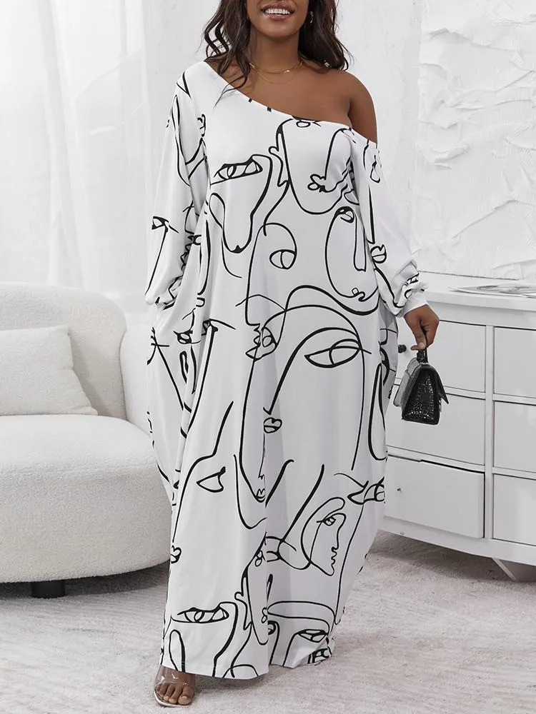 Plus size jurken abstract figuur print lantaarn mouw oversized maxi jurk