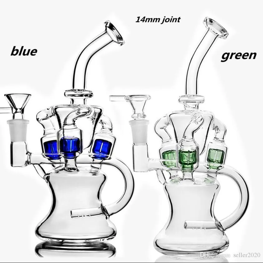 10 Zoll 3 Farben Glasbong Dual Perc Recycler Perc Glas Wasserpfeife große Bohrinseln Recycler Glasbong Dab Rig Banger 14 mm