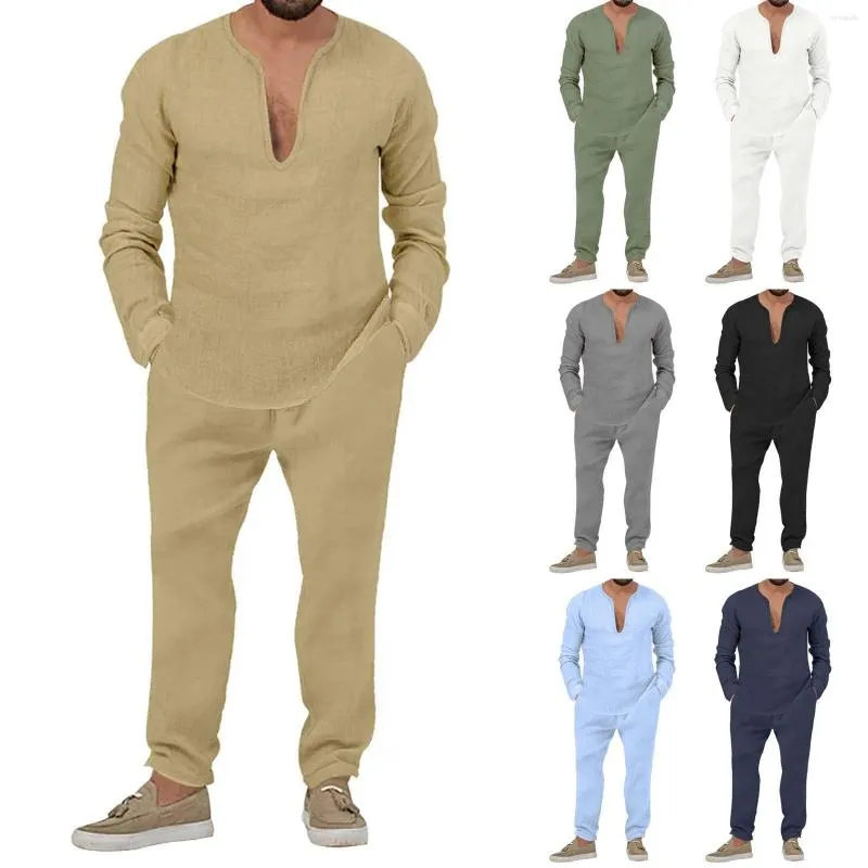 Herrspårspår smokar på nattklänningen Spring och Autumn Breattable Wrinkle Two Piece Suit Long Pants Shirt