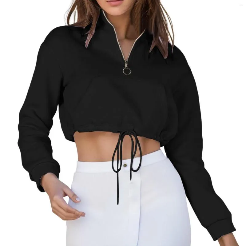 Dames hoodies vrouwen crop top hoodie casual lange mouw capuchon short sweatshirt sexy revers rits omhoog voor trekkoord pullover tops