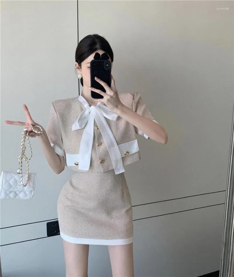 Work Dresses 2023 Korean Elegant Fashion OL Two Piece Set For Women Bowknot Crop Top Skirt 2 Sets Summer Outfits