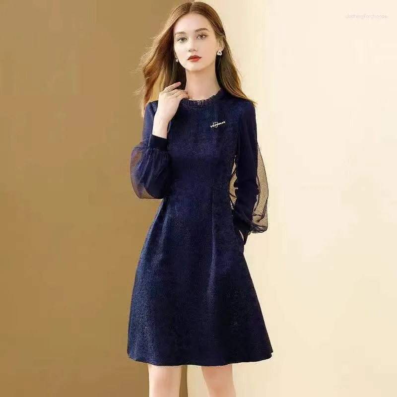 Casual jurken mode Solid Navy Dress Dress Puff Sleeve A-Line Women Autumn 2023 Organza voor kantoor Lady Vestidos