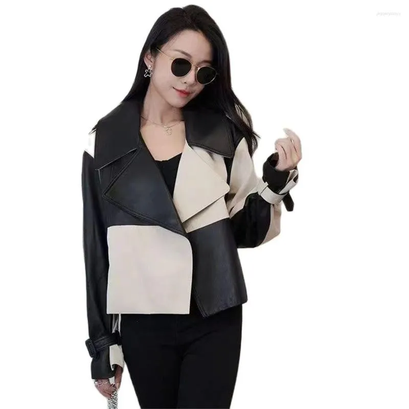 Women's Leather Pu Outerwear Black White Check Splice Jacket Coat Tops 2023 Spring Autumn Korean Casual Coats Street