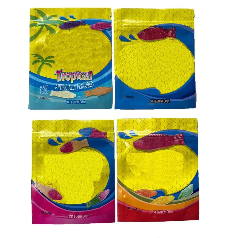wholesale weedfish packaging bags 600 mg soft chewy glossy film zip lock plastic mylar bag fthg