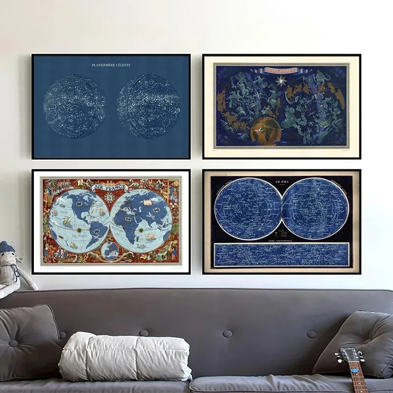 Astronomia astrológicas francesas hemisférios duplos mapa mundial de lona pintando mapas planisferos celestiais pôsteres e arte de parede impressa para decoração de sala de estar wo6