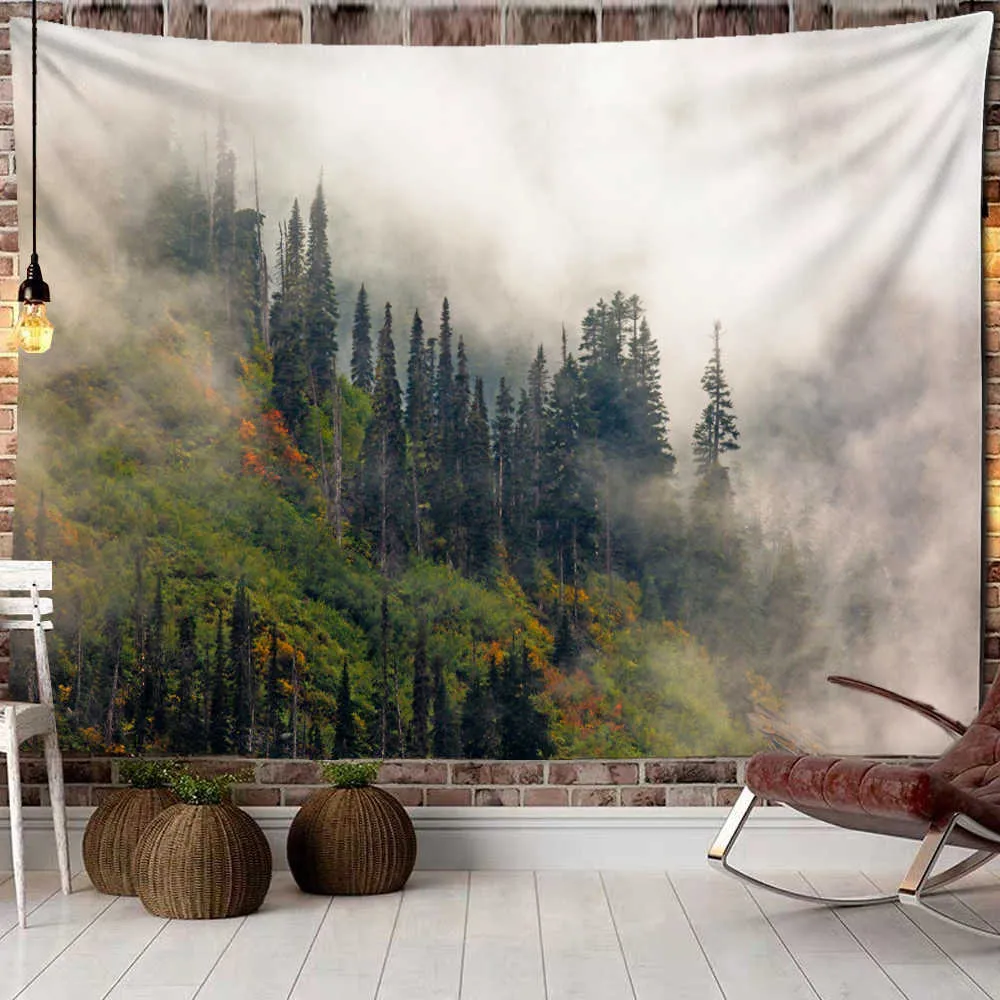 Gobeliny mgły śnieg scena gobelin naturalny las krajobraz sztuki wiszące malarstwo koc dekoracja akademika dziewczyna gapiat