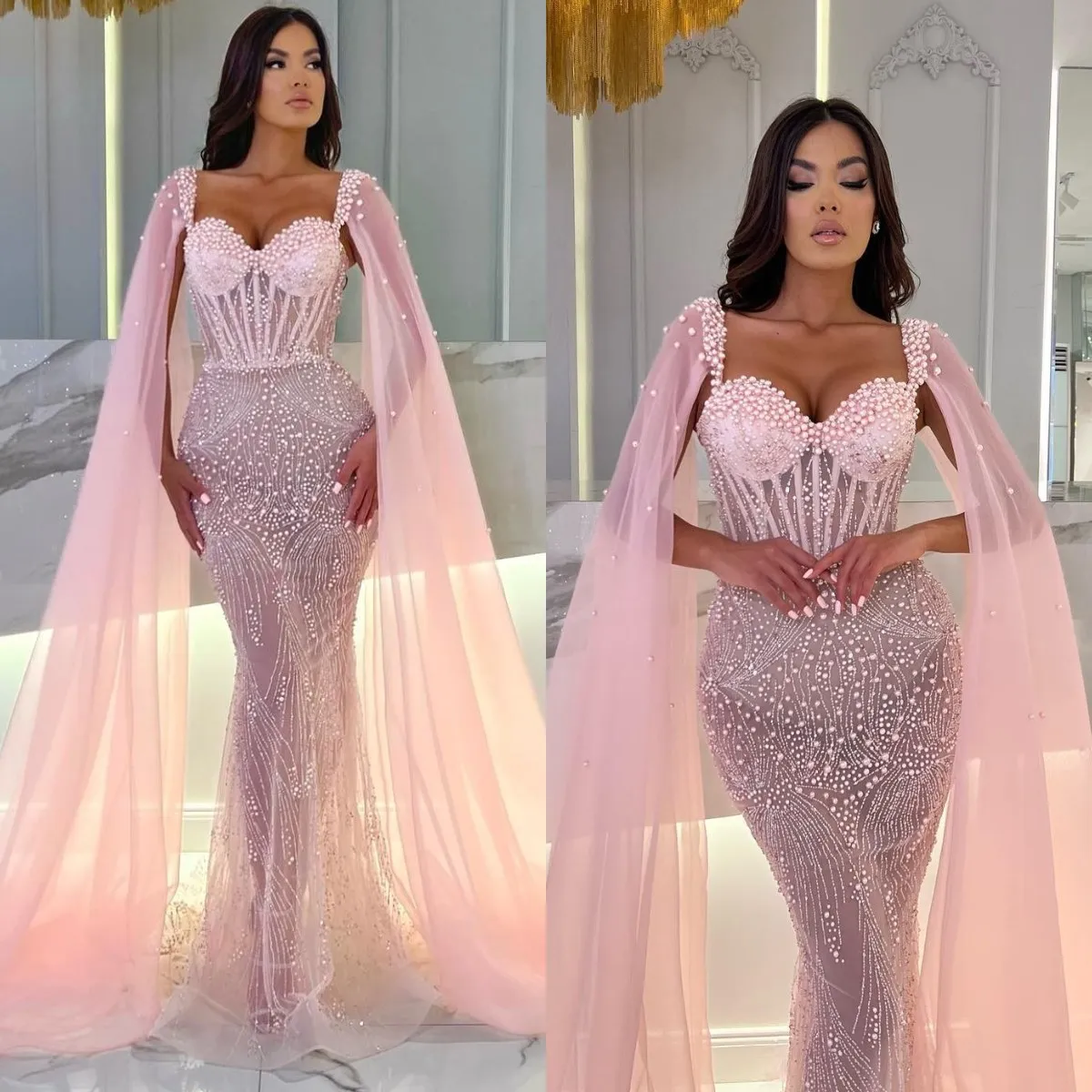 Tulle Beading Pink Trumpet Mermaid Prom Dress With Cape Tulle Beading Pink Trumpet Mermaid Prom Dress With Cape