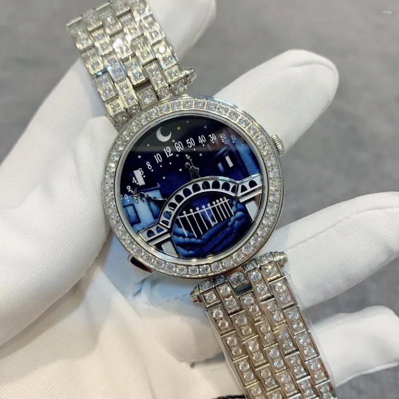 Orologi da polso 38 mm Lady Quartz Lover Bridge Amoureux Orologio in acciaio inossidabile Full Diamond Meeting Moonlight Orologio Caphire WR