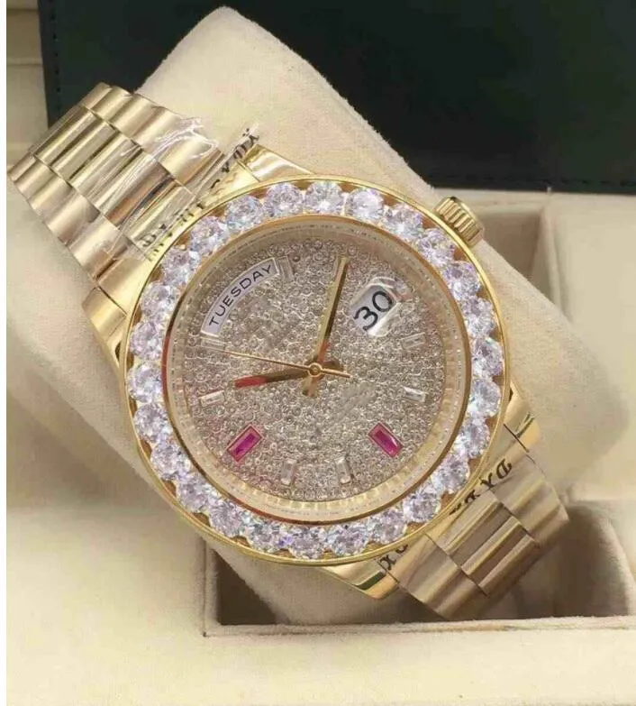 Fabrikverkauf 3 Stil 18k Gelbgold Herren 43 mm Big Diamond Watch angepasst mit echten Diamanten Römischen Zifferblatt Automatische mechanische Bewegung Mode -Männer -Uhren