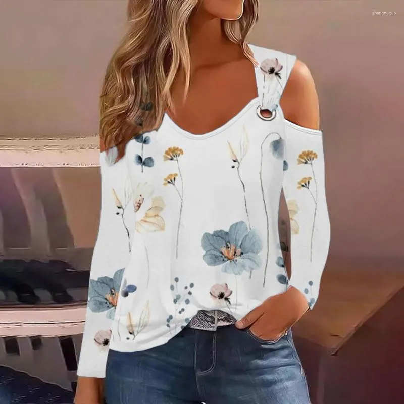 Frauenblusen Off-Shoulder Top Blumen gestreift V-Ausschnitt Bluse Stylish Metal Hoop Freizeit für Frauen Frühling Fall Lose Fit Hemd