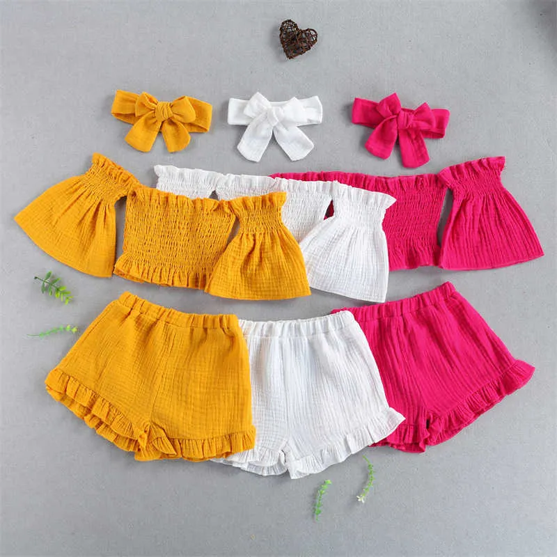 Set di abbigliamento Moda estiva Kid Neonate Set di vestiti Manica corta Spalle Crop Top Pantaloncini Set di abiti per fascia