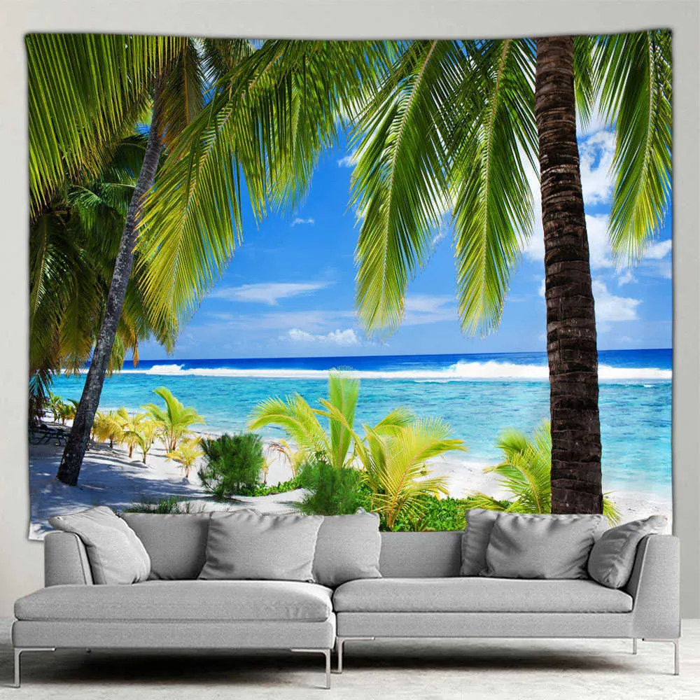 Arazzi Arazzo con paesaggio marino Poster da esterno Spiaggia Hawaii Alberi di cocco Isola Stile semplice e moderno Appeso a parete Schermo murale naturale