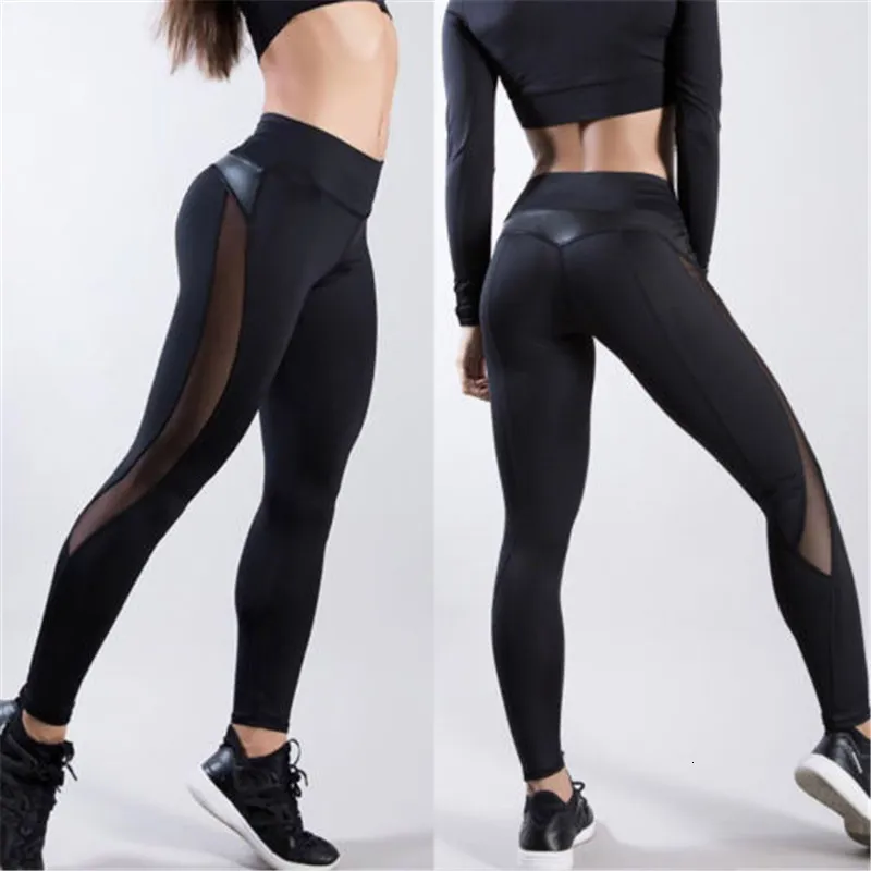 Yoga -Outfit Frauen dünne Leggings Schwarze Sporthose PU Leder Patchwork Lady Jogging Push Up Workout weiblich 230814