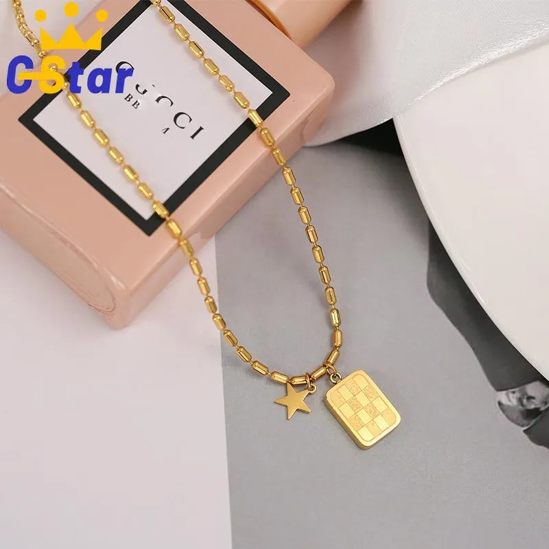 Pendant Necklaces Checkerboard Square Star Necklace Stainless Steel For Women Popcorn Chain 18K Gold Color Fashion Jewelry