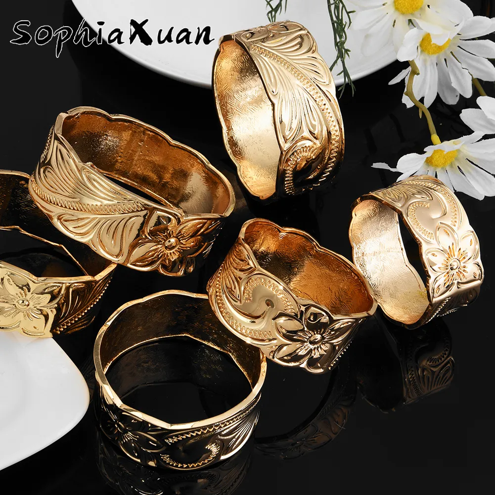 Gold Plated Plumeria Charm Bracelets For Women Trendy Big Bangle