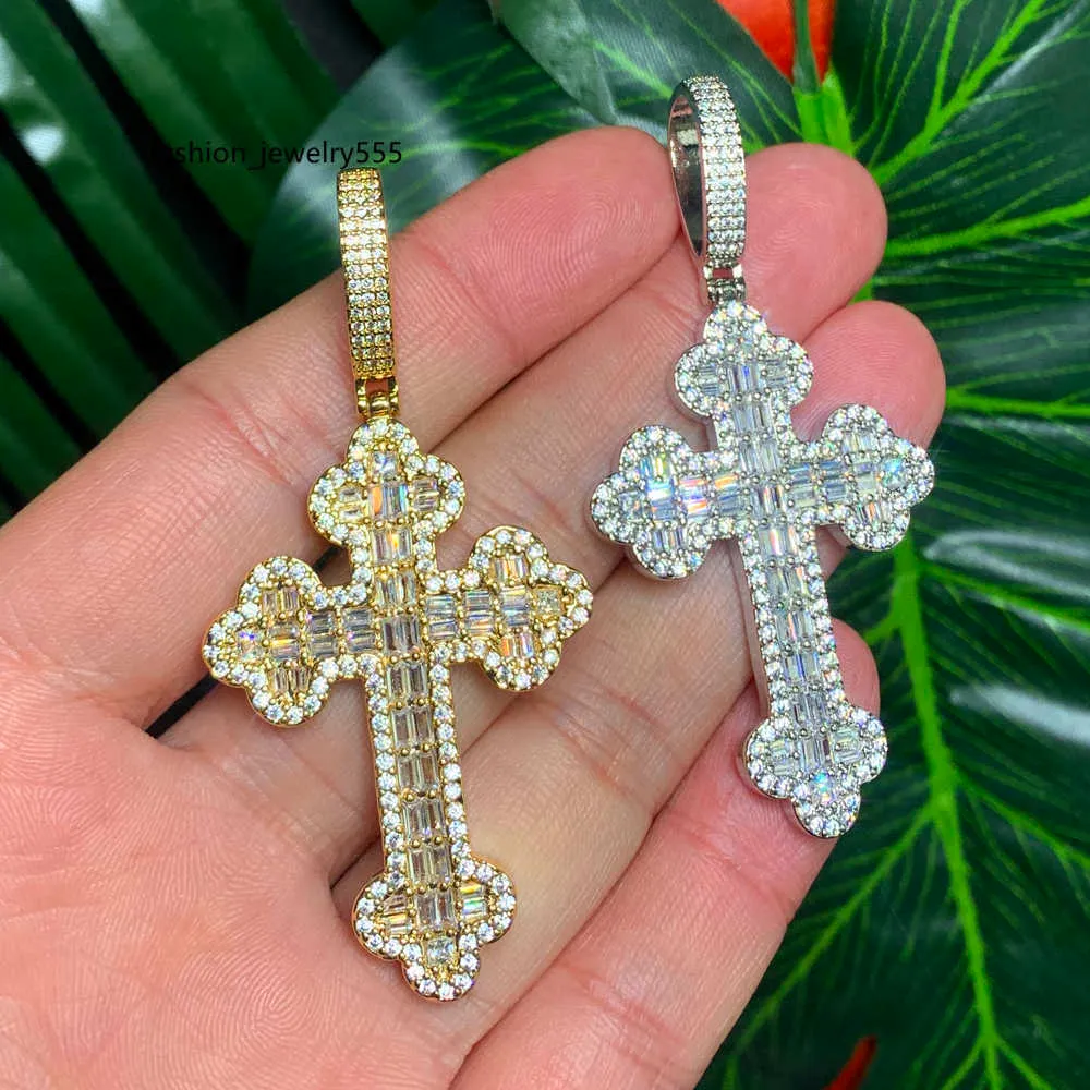 Pendant Necklaces New Men Women Hip Hop Cross Necklace Full Paved Rectangle Cubic Zircon Rope Chain Iced Out Bling Cz Jewelry