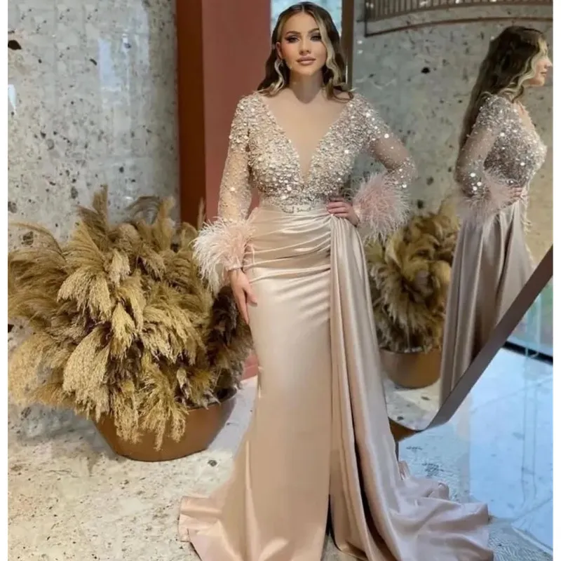 Plumes perlées robes de bal manches longues trompette sirène Champagne Satin arabe femmes robes de soirée 2024 328 328