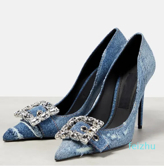 Denim kleding schoenen ontwerper dames luxe pompen gerichte strass decoratie stiletto hiel sandalen retro gemaakt old wash denim hoge hakken jurk schoen 35-42