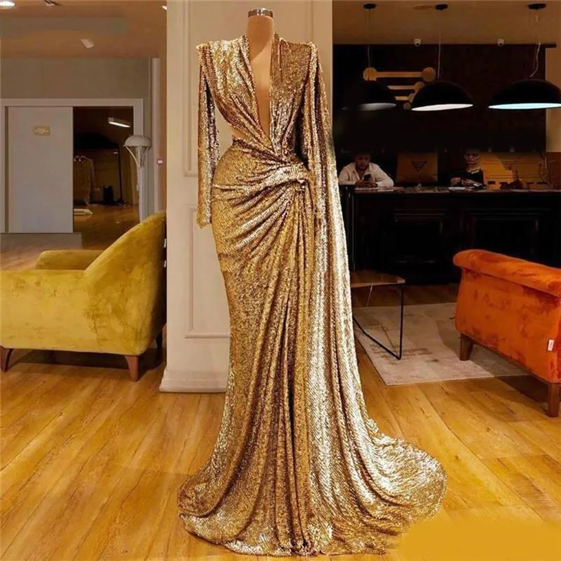 2020 Sparkly Gold Mermaid Evening Dresses Deep V Neck Squins Long Sleeve Prom Dress Sweep Train 형식 파티 두 번째 리셉션 GOW2101
