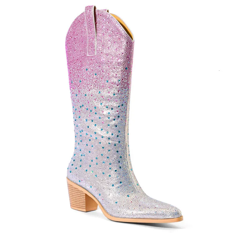 Laarzen Women hebben gericht op teen knie hoge westerse cowgirl laarzen glitter bling glanzend blok hiel lady laarzen zapato 230812