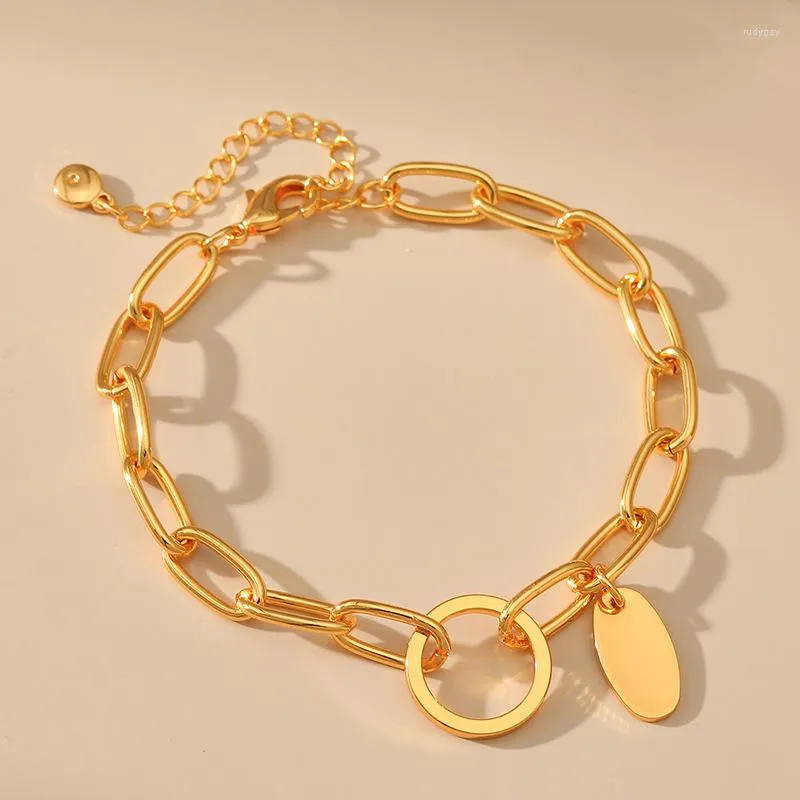 Link Bracelets Hip Hop 18K Gold Plated Metal Cuba Chain Women Bracelet Trend Oval Pendant Summer Day Wear Simple Lady Jewelry Accessories