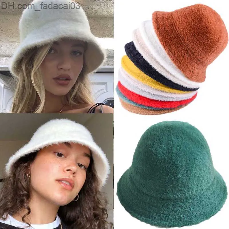 Wide Brim Hats Bucket Hats Fashion Winter Women's Fur Bucket Warm Hat Round Top Panama Black and White Vintage Fisherman Bucket Hat Z23814