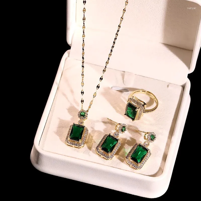 Pendant Necklaces Luxury Emerald Color Earring Necklace Rings Set For Woman Stainless Steel Zircon Rectangle Party Jewelry Gift