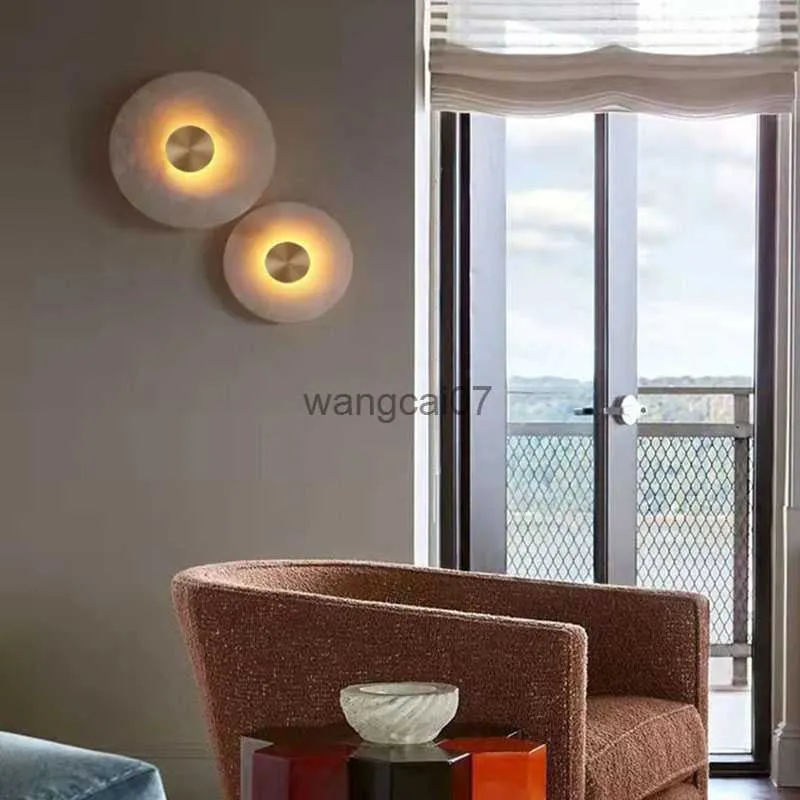 Vägglampor Art Deco Round LED Wall Sconce Natural Marble Brass Parlor Aisle Corridor Wall Lights Atmosphere Decoration Lamp Drop Shipping HKD230814