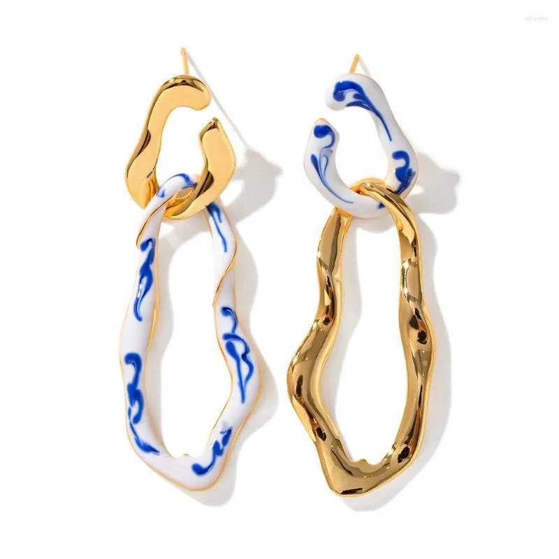 Hoopörhängen Vintage Double Twist Hoops smycken 18K mässing Guldpläterad klassisk blå och vit porslin korn droppe örhänge