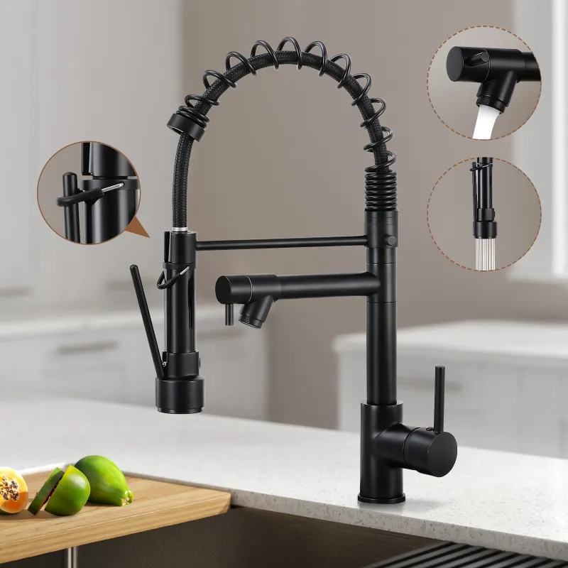 Black and Rose Golden Spring Pull Down Kitchen Sink Faucet Hot & Cold Water Mixer Crane Tap with Dual Spout Deck Mounted