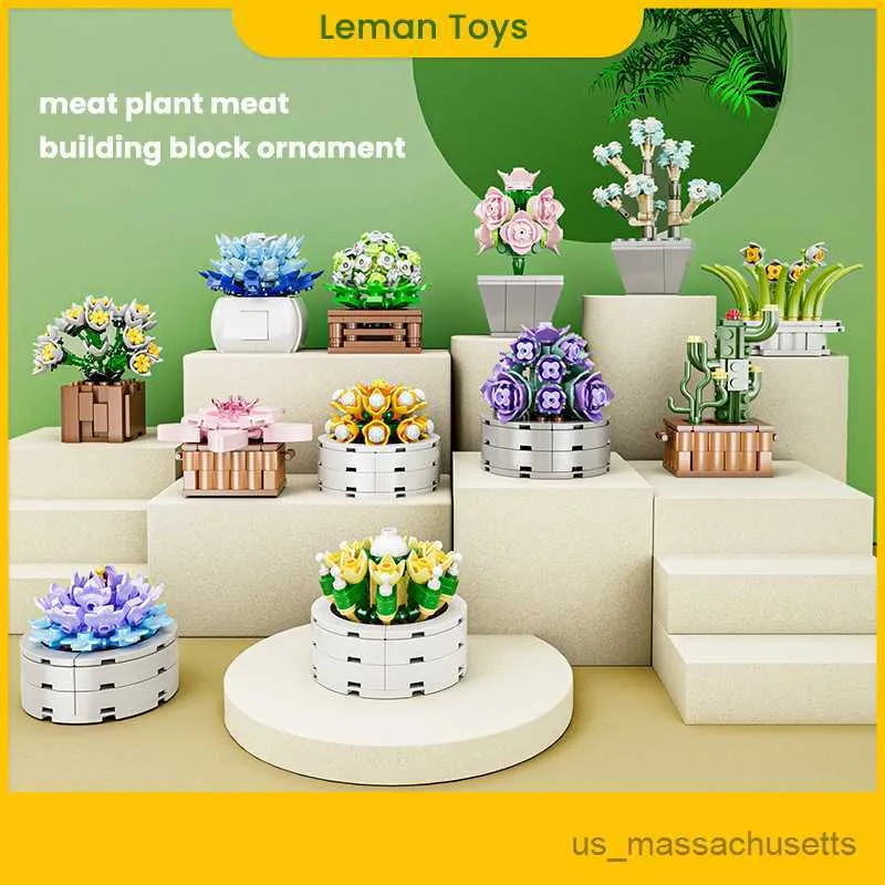 Bloqueia a nova cidade suculenta suculenta Flores de Flores Plantas Modelo Bloco Bloco de Flor Building Building Diy Modelo Bloco Bloco Presente Toy R230814