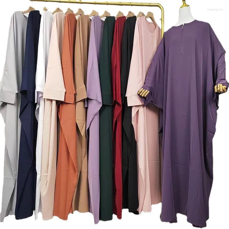 Ethnic Clothing Solid Color Zipper Batwing Sleeves Muslim Women Abaya Middle East Saudi Arab Dubai Lady Maxi Dress Ramadan Islamic Robe