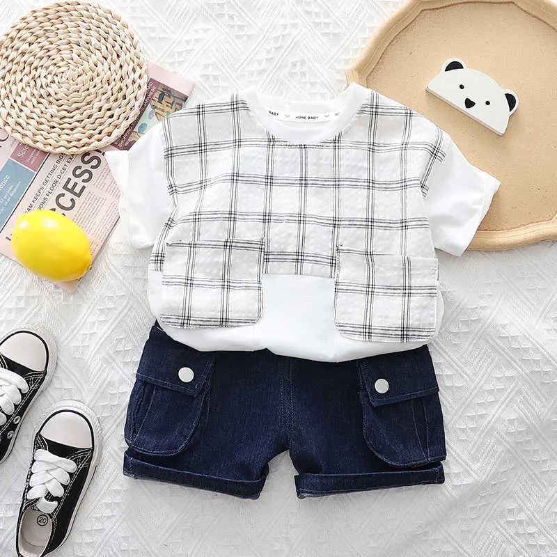 Kläder sätter 2st Baby Boys Girls Outfits Set Summer New Fashion Kids Cotton Plaid T-shirts + Shorts Stitching Color Toddler Casual Clothing