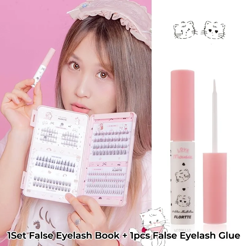 Falska ögonfransar Flortte x Mikko co-märkta False Eyelash Book singel 242 Cluster individuella falska ögonfransar i flera typer Ställ in limmakeup 230814