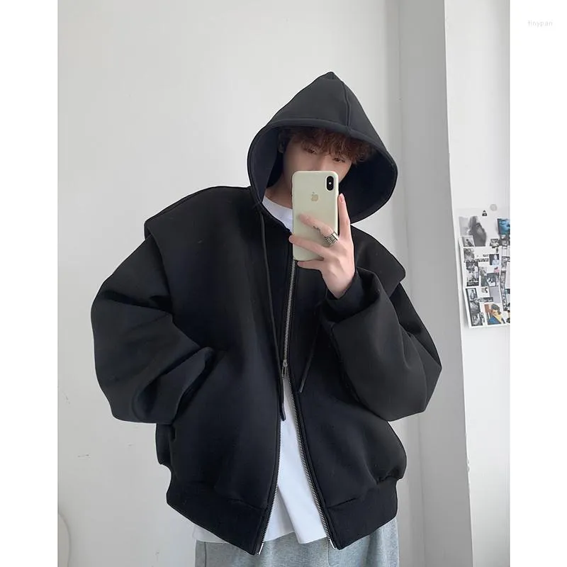 Mens Hoodies Thick Shoulder Pad Men Fashion Zipper Sweatshirt