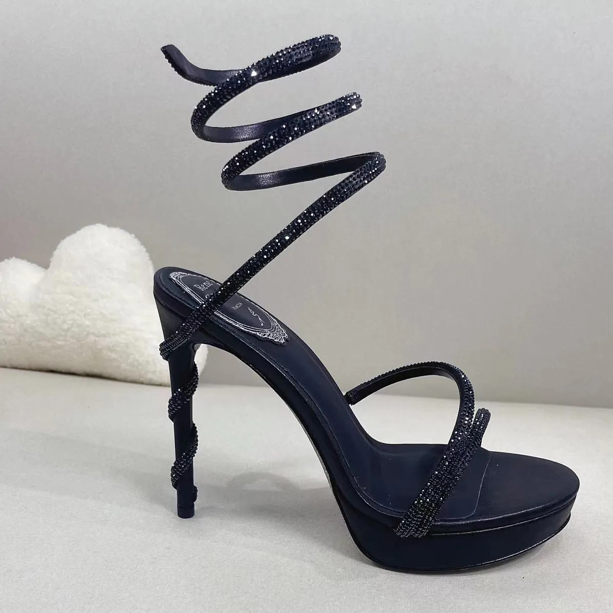 Rene Caovilla 플랫폼 Heel Sandals 여성 모조 다이아몬드 샌들 13cm 슈퍼 하이 신발 패션 럭셔리 디자이너 드레스 신발 새틴 뱀 모양 코일 파티 신발