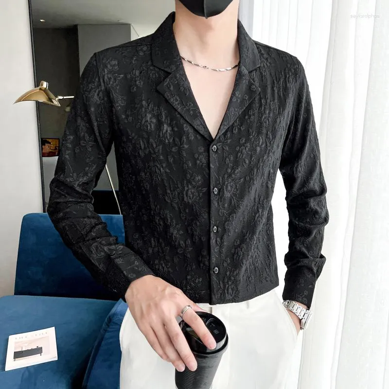 Erkekler Sıradan Gömlekler Siyah/Beyaz Dönüşü Yatak Uzun Kollu Jacquard Erkek Giyim 2023 İnce Fit Prom Smokin Camisas de Hombre 4xl